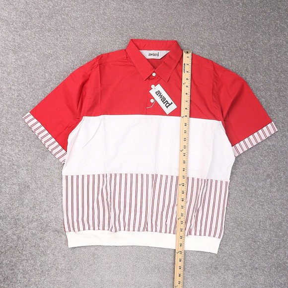 VTG 80s 90s Award Deadstock Large Red White Striped Short Sleeve Collared Shirt - Picture 3 of 10